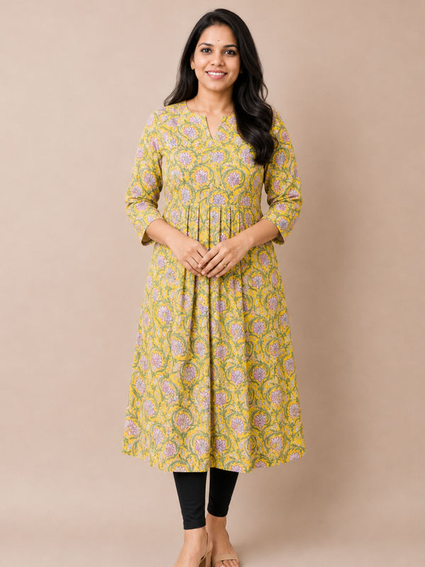 Yellow Bagru Block Printed A-Line Kurta