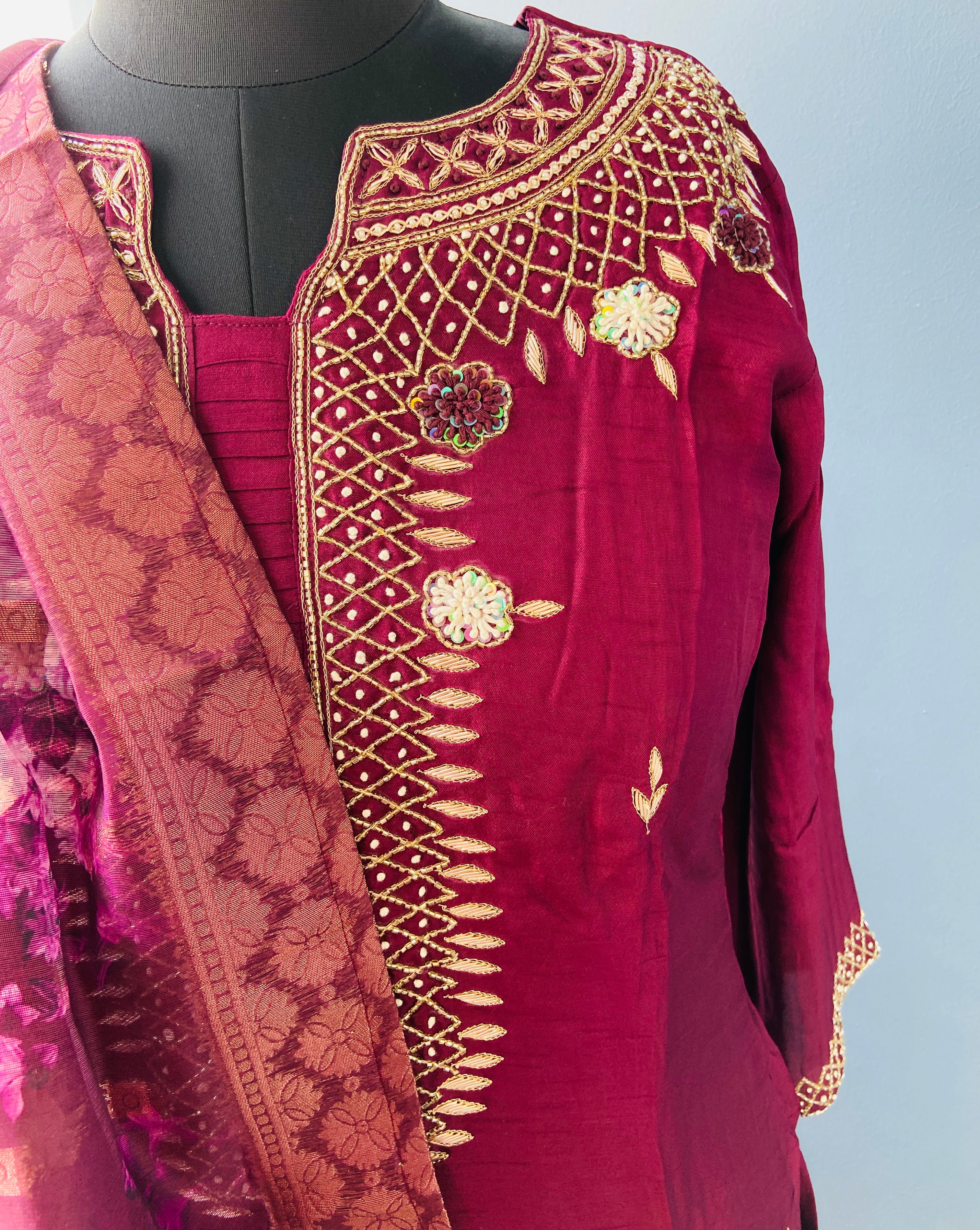 Maroon Dola Hand Zardosi Suit Set - 3 Piece