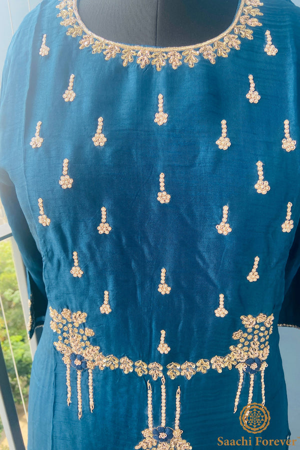 Peacock Blue Dola Silk Hand zardosi All Over Suit - 3 Piece