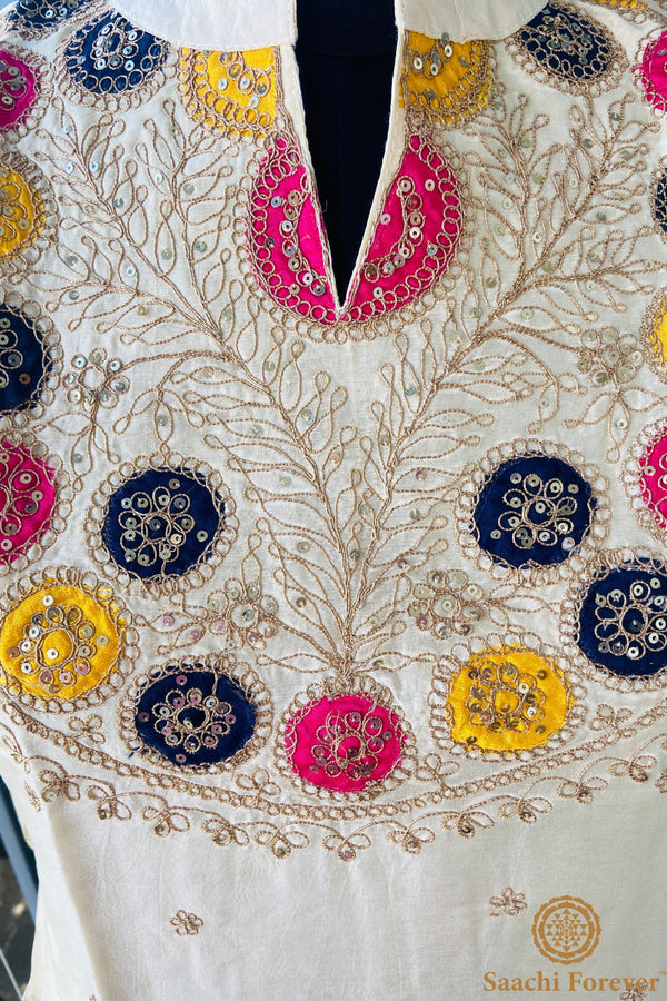 Creamy shade Dola Silk Patch Work Zardosi Suit - 3 Piece