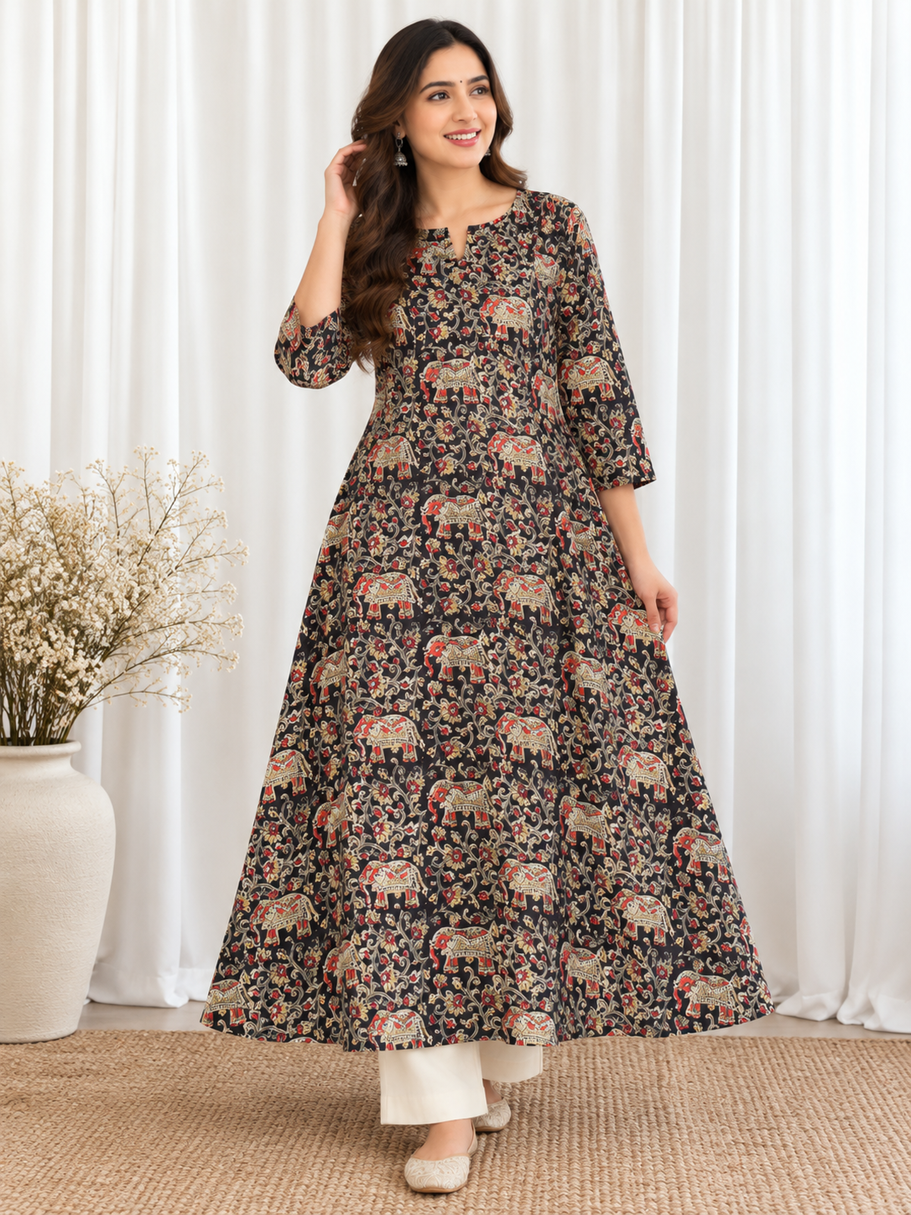 Gaja Vihar Black Elephant Kalamkari HandBlock Printed A-Line Cotton Kurta
