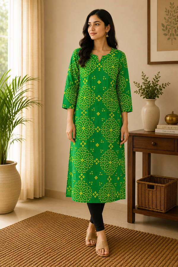 Green Bandhani Cotton Kurta