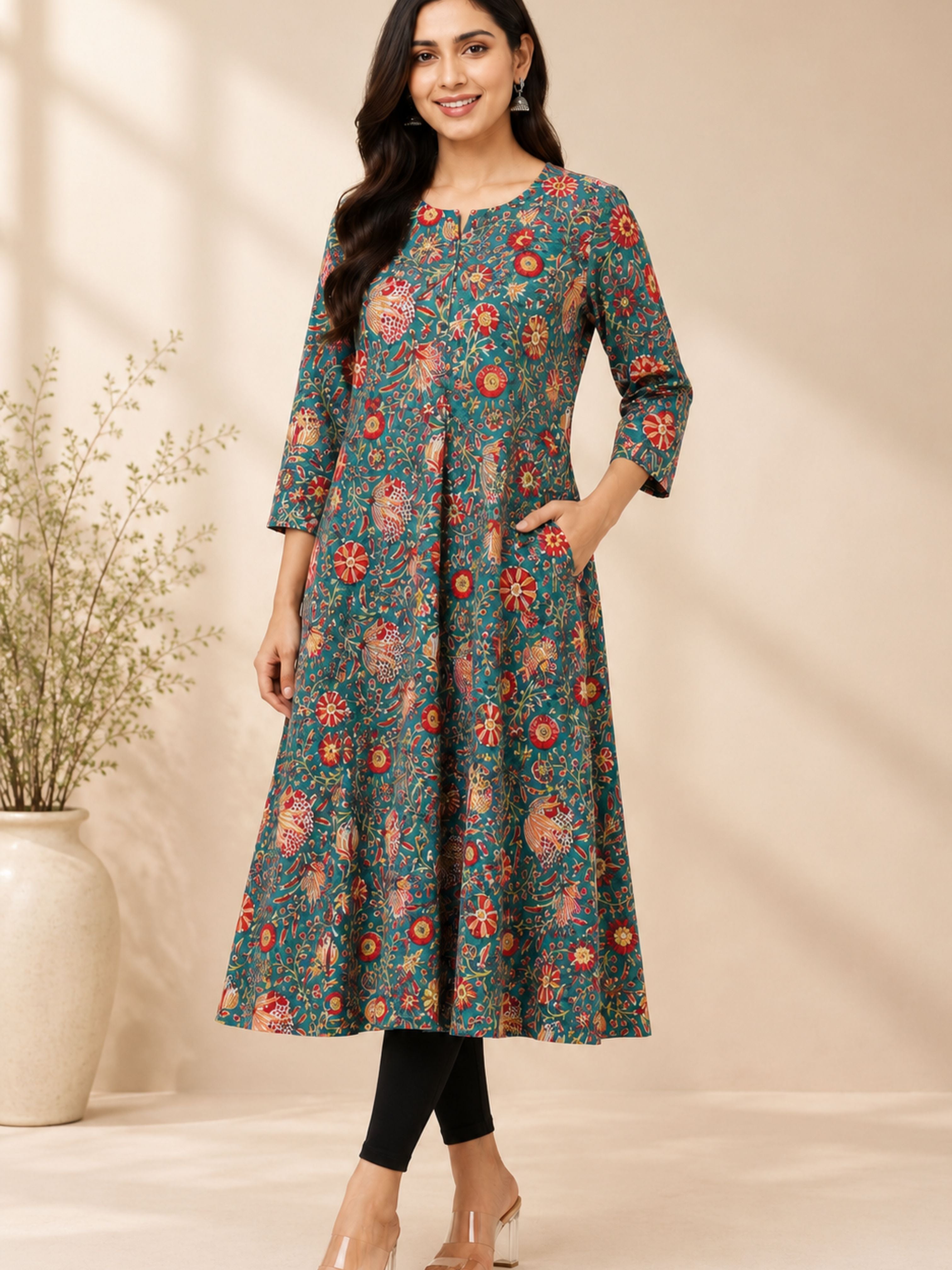 Green Floral Sanganeri Block Printed A-Line Kurta