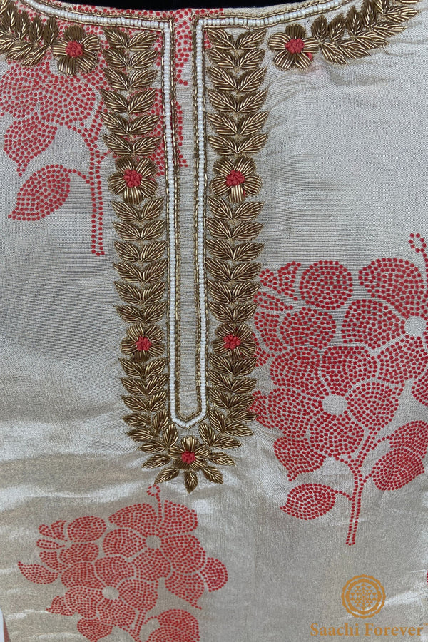 Creamy Shade & Red Shimmer Dola Silk Hand Zardosi Suit - 3 Piece