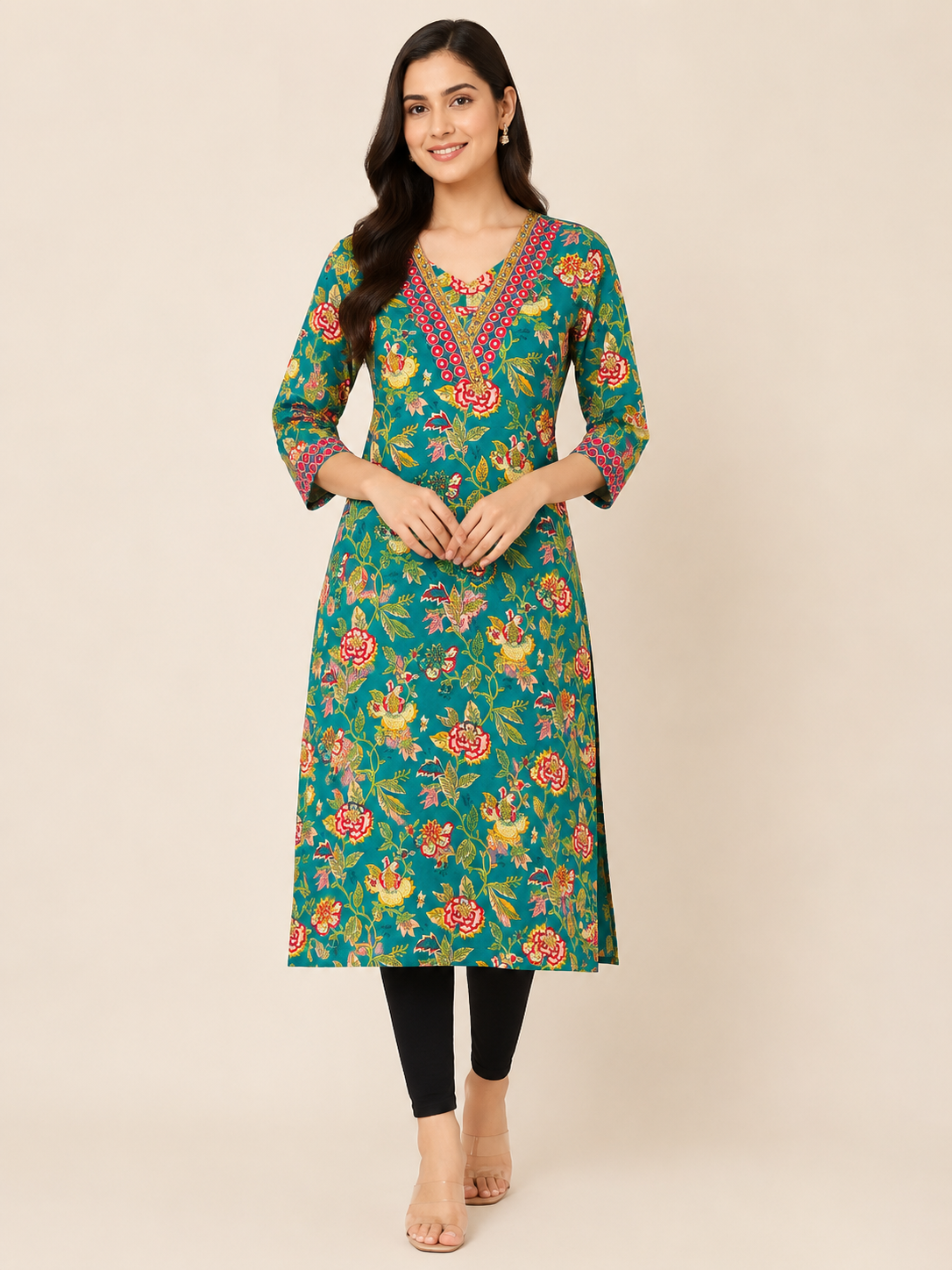 Green Floral Cotton Kurta