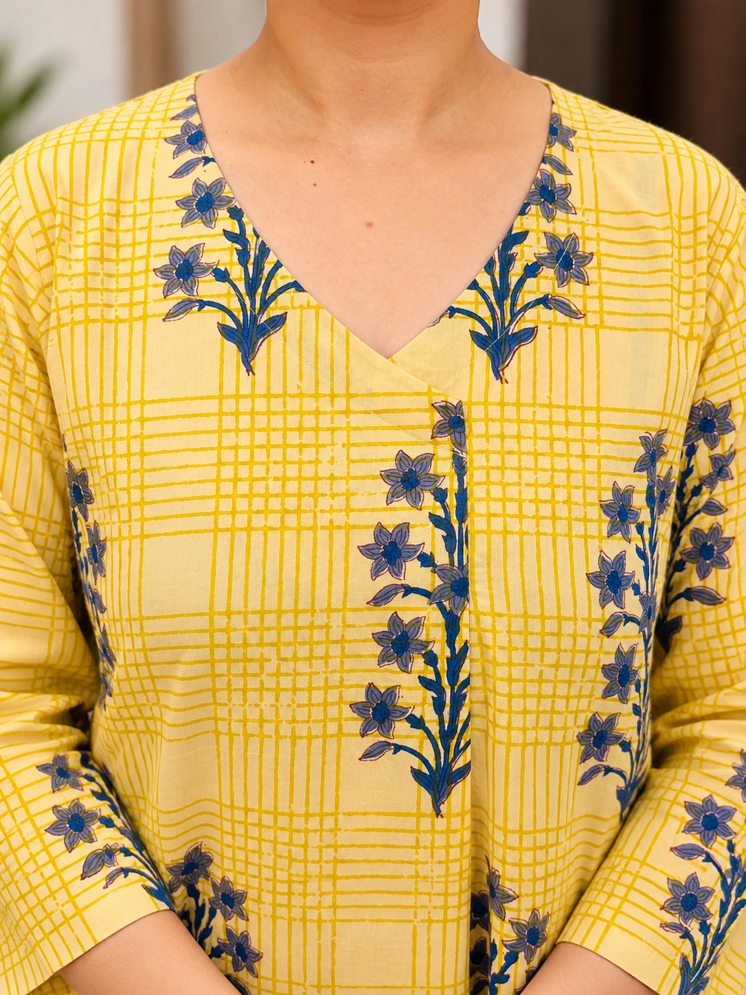 Mustard Yellow & Grey Handblock Printed Straight Cut Cotton Kurta