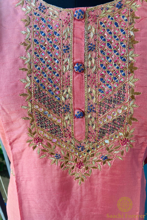 Salmon Pink Dola Silk Hand Zardosi Suit Set - 3 Piece