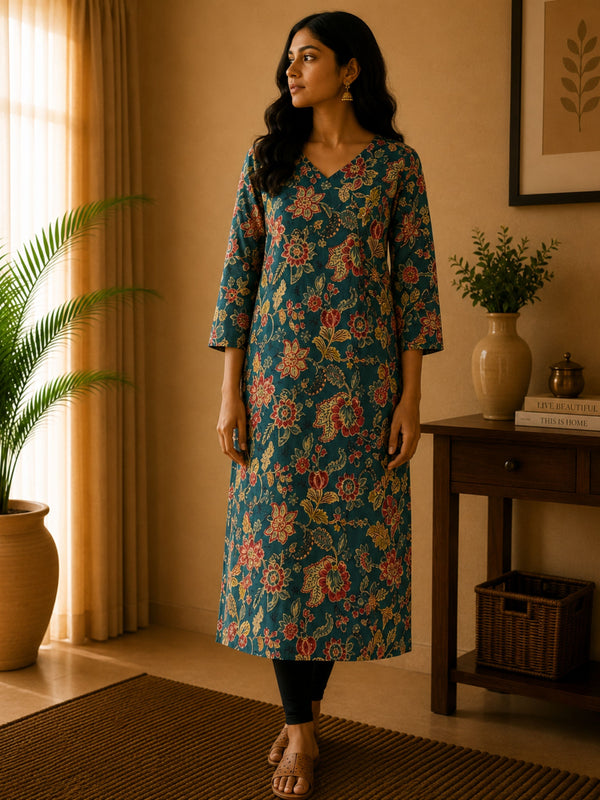 Dark Green Multi Floral Cotton Kurta