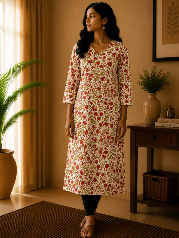 White With Orange Floral Cotton Kurta