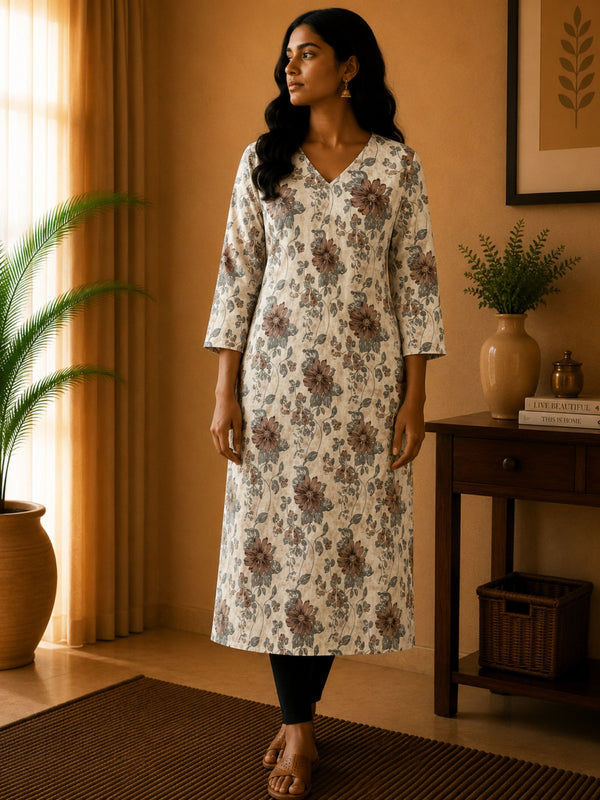 White With Grey Floral Cotton Kurta