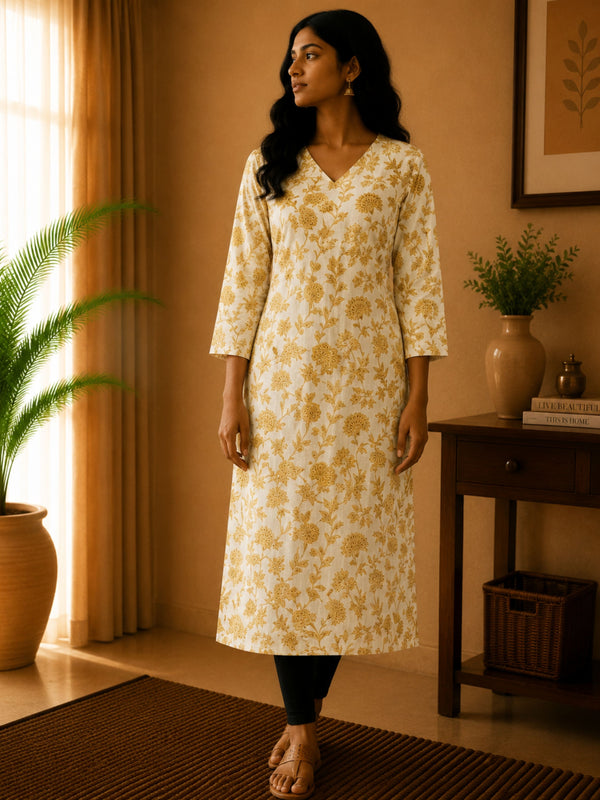 White With Yellow Floral Cotton Kurta