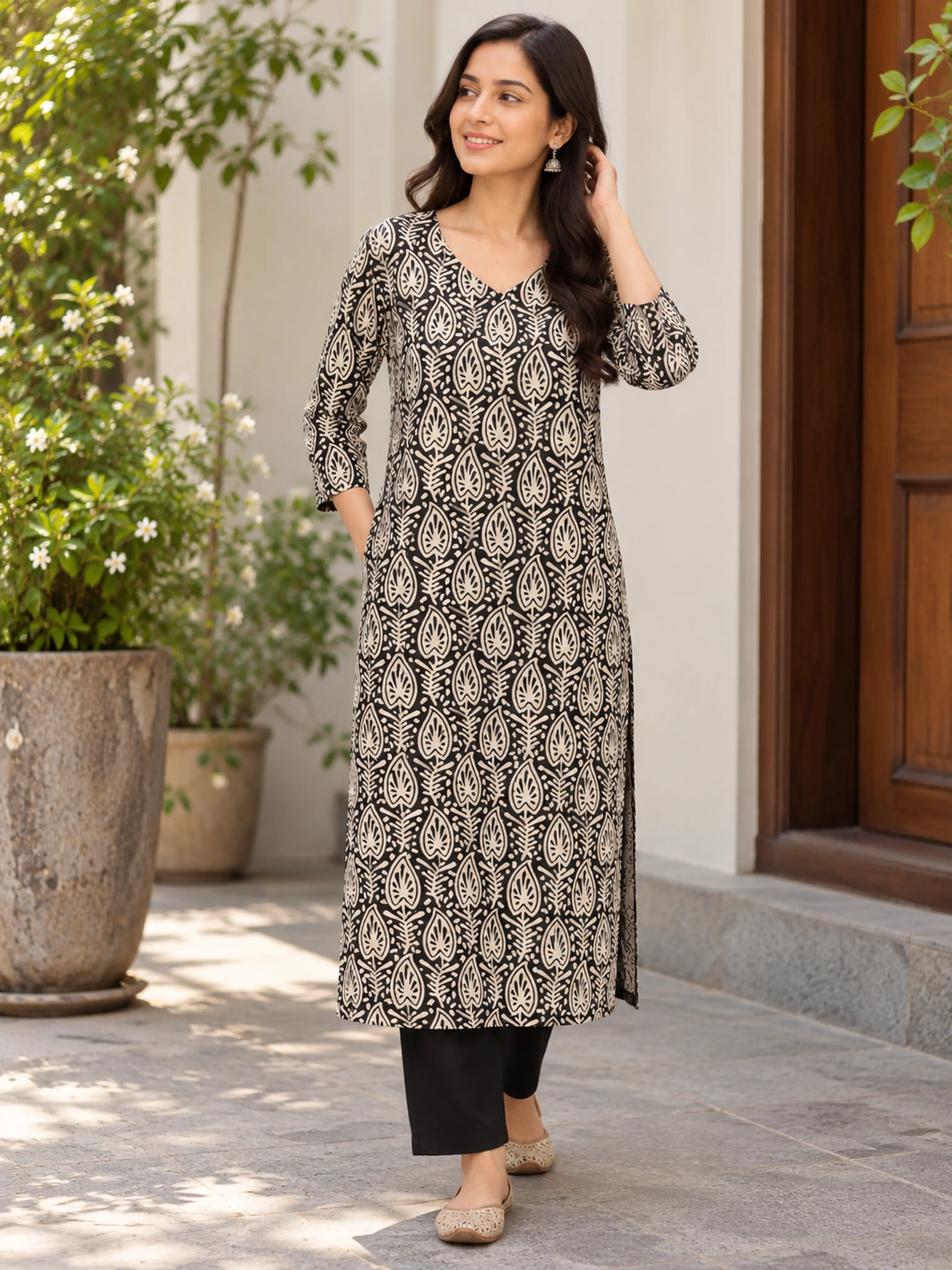 Black Beige Leaf Motif Bagru Handblock Printed Straight Cut Cotton Kurta