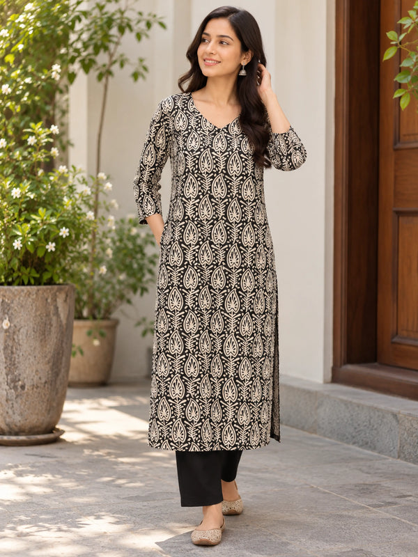 Black Beige Leaf Motif Bagru Handblock Printed Straight Cut Cotton Kurta