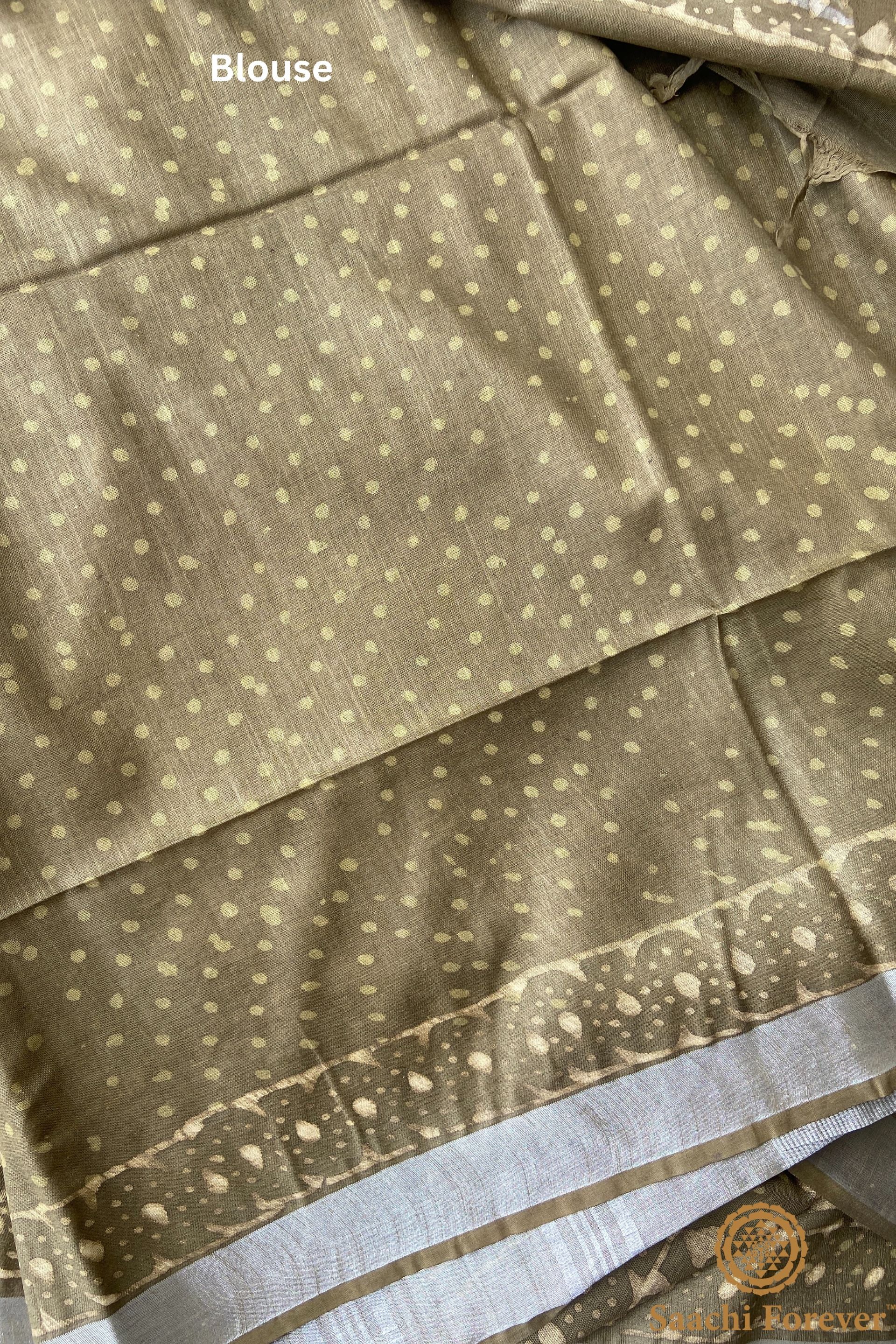 Olive Green Block Printed Linen silver zari Saree