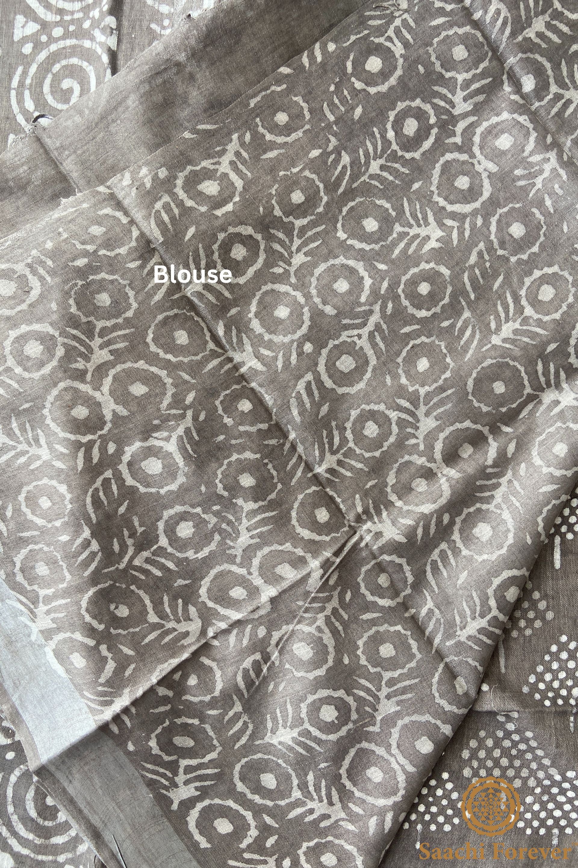 Light Grey Block Printed Linen silver zari Saree