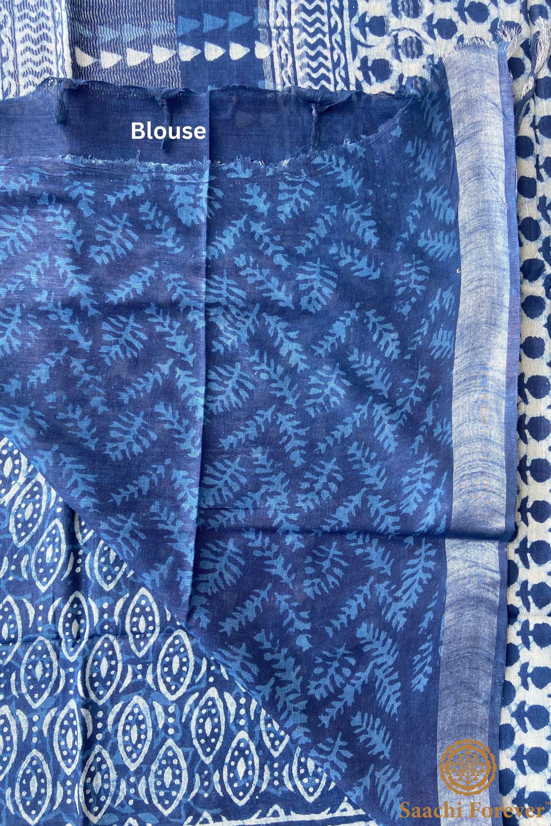Indigo Block Printed Linen silver zari Saree