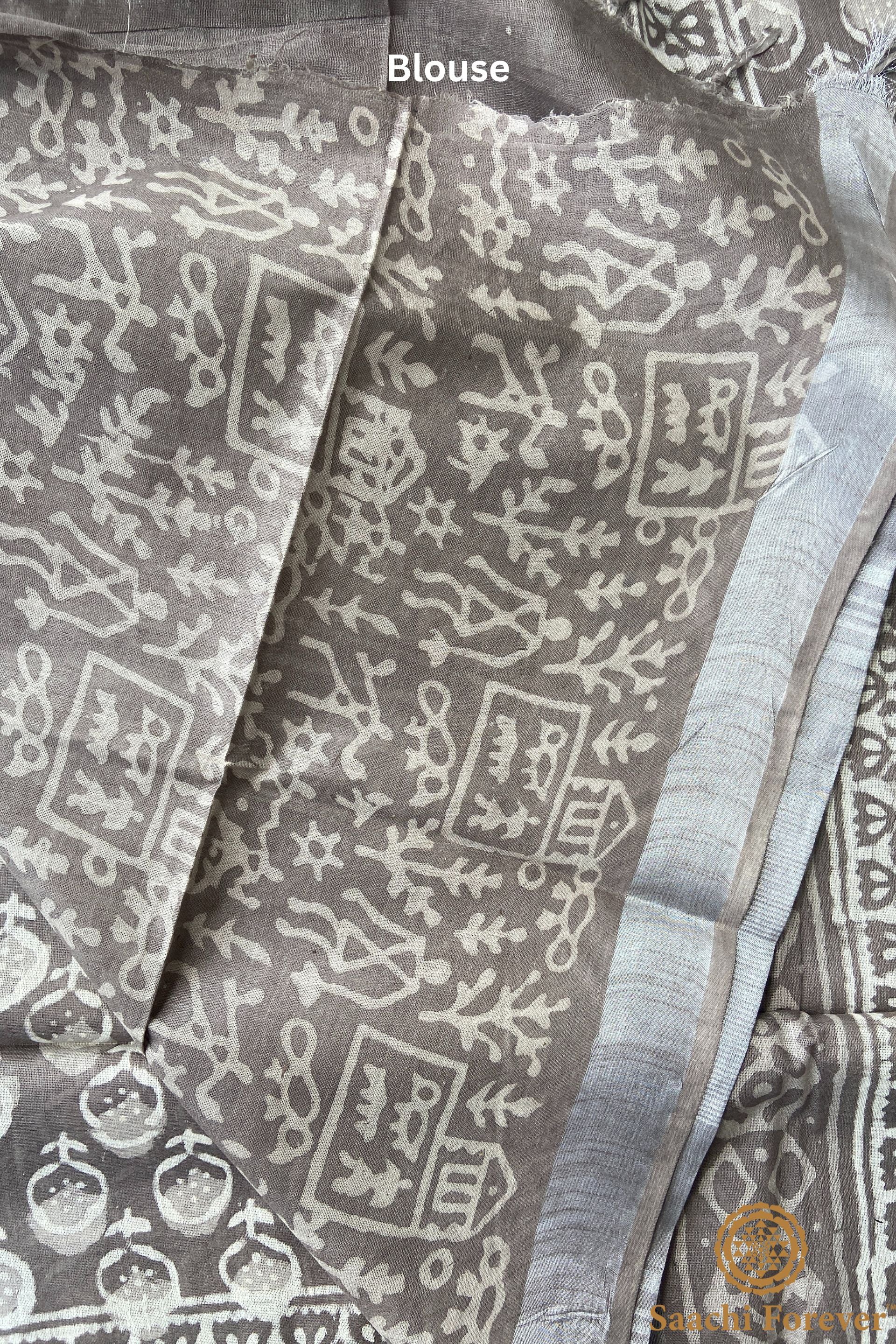 Light Grey Block Printed Linen silver zari Saree