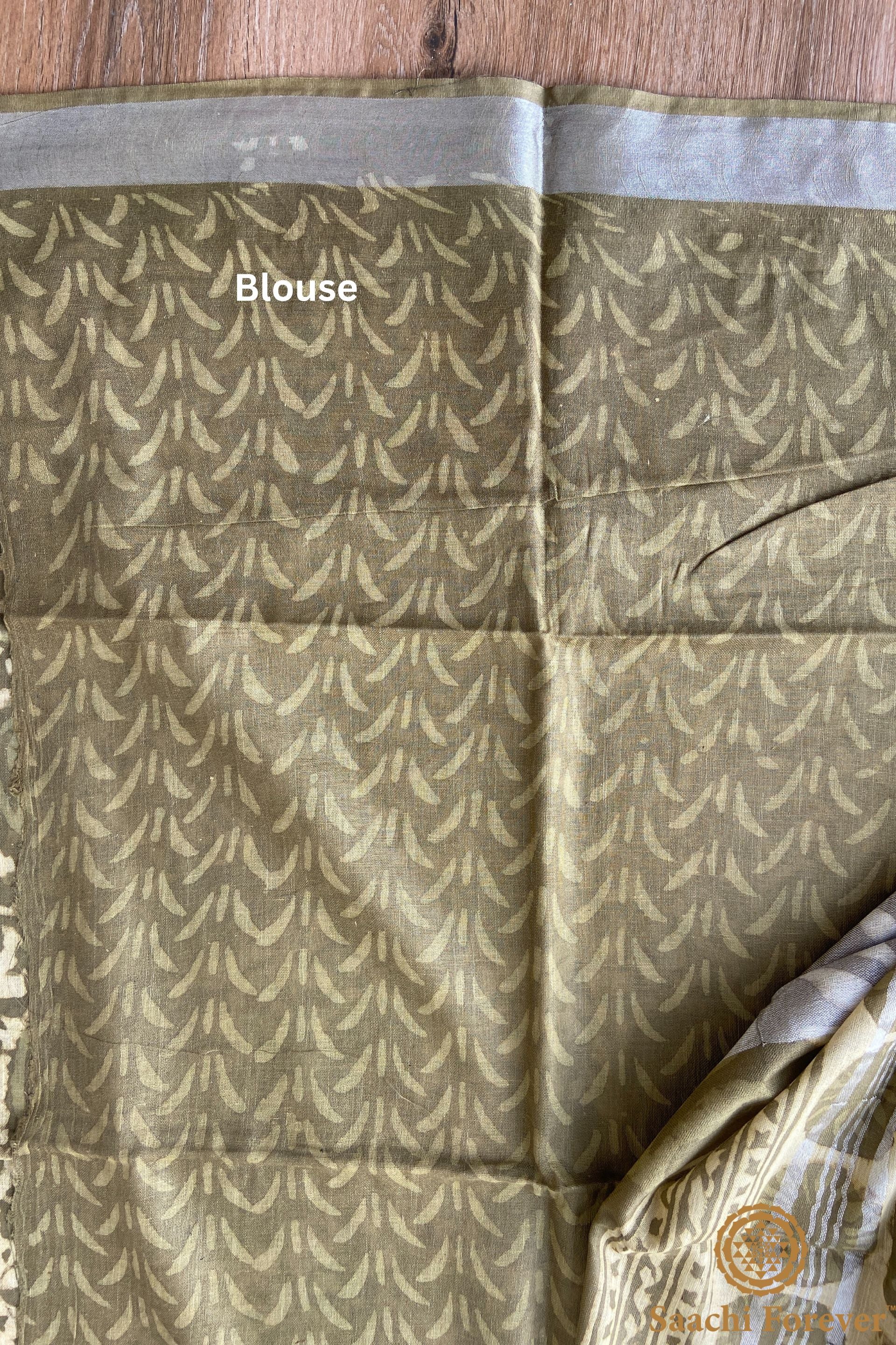 Olive Green Block Printed Linen silver zari Saree