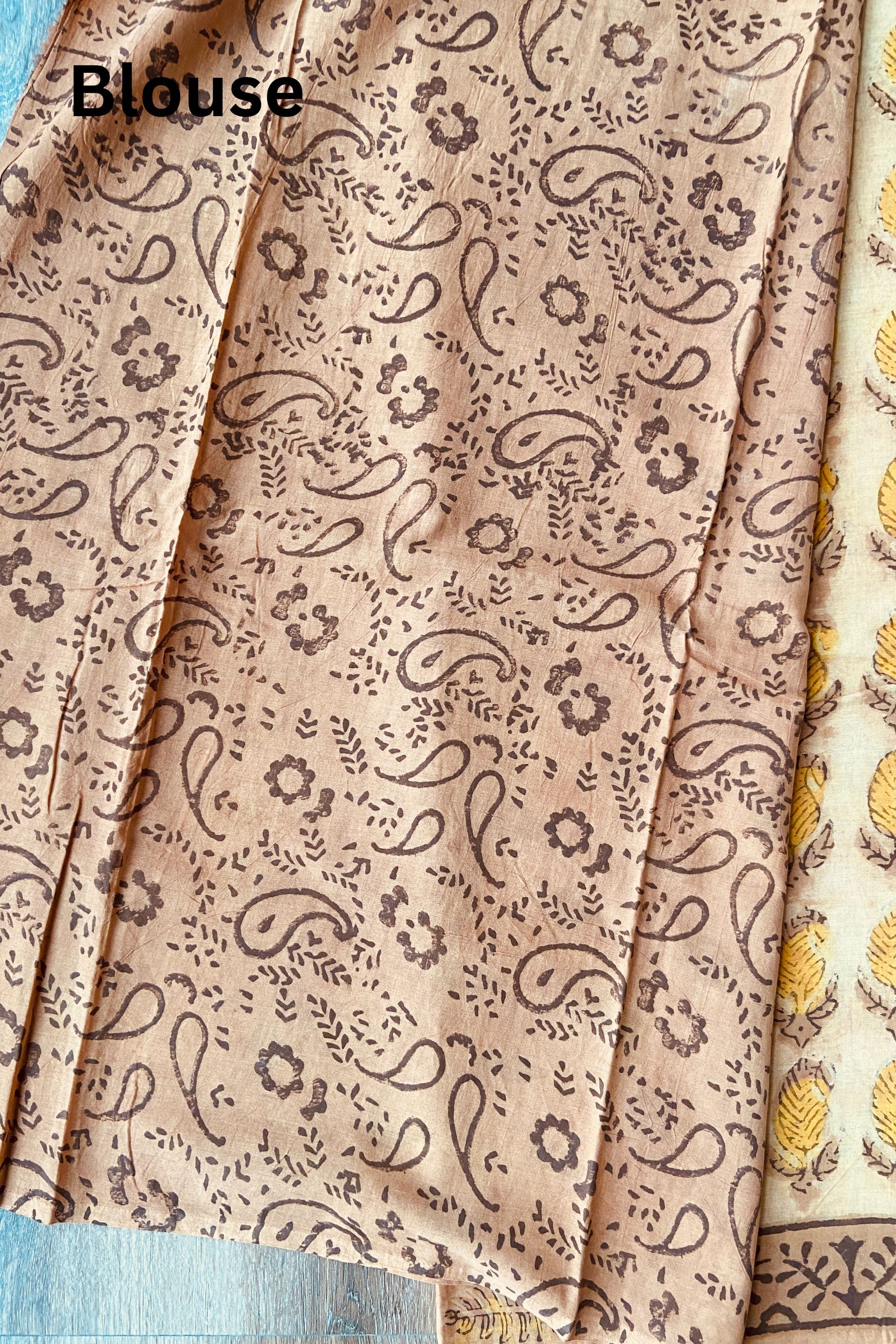 Beige Multani Block Printed Mulmul Cotton Saree