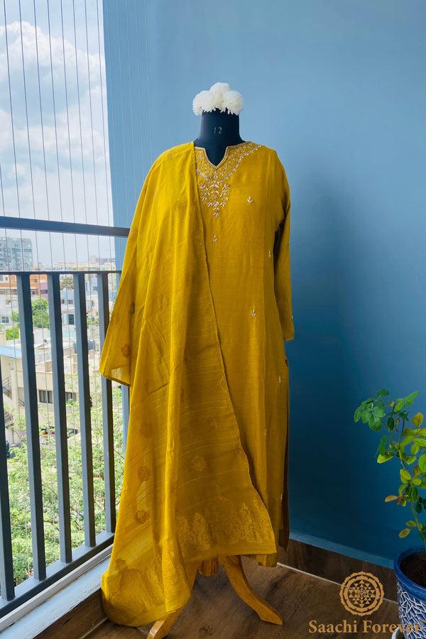Mustard Yellow Dola Hand Zardosi Kurta Set - 3 Piece