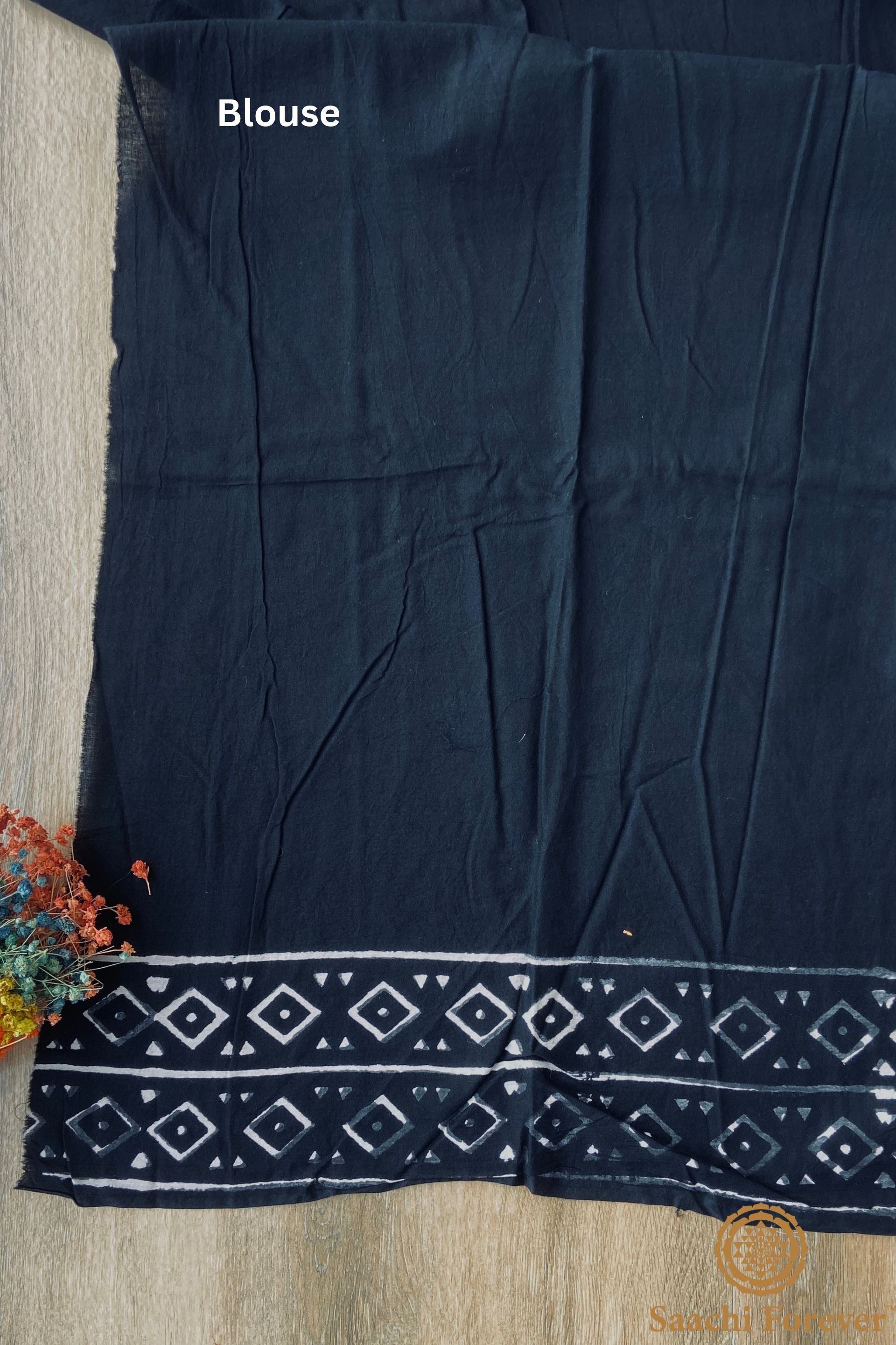 Black Dabu Block Printed Mulmul Cotton Saree