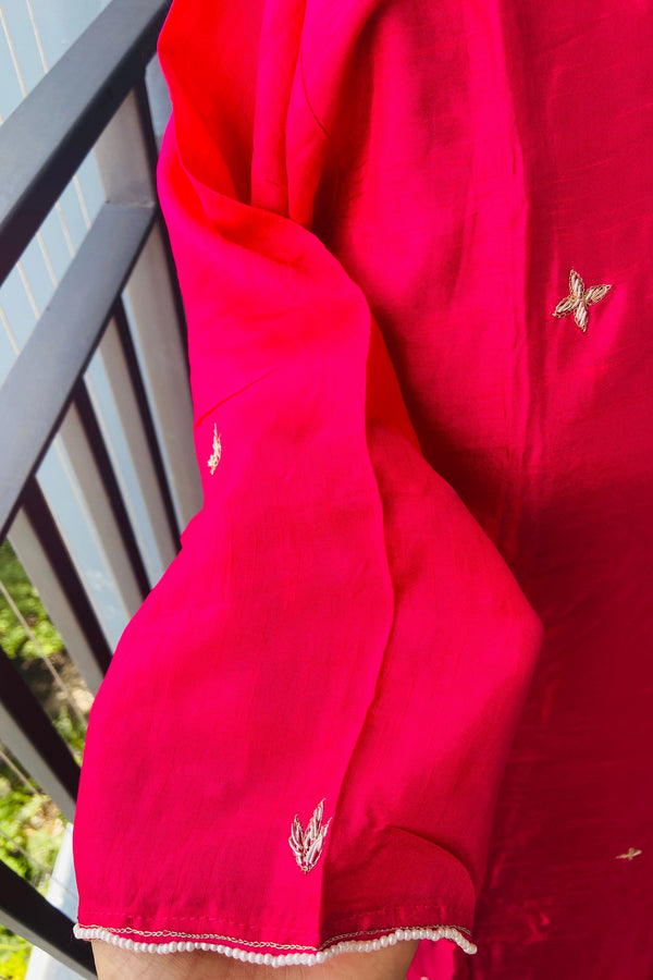 Magenta Dola Silk Hand Zardosi Suit Set - 3 Piece
