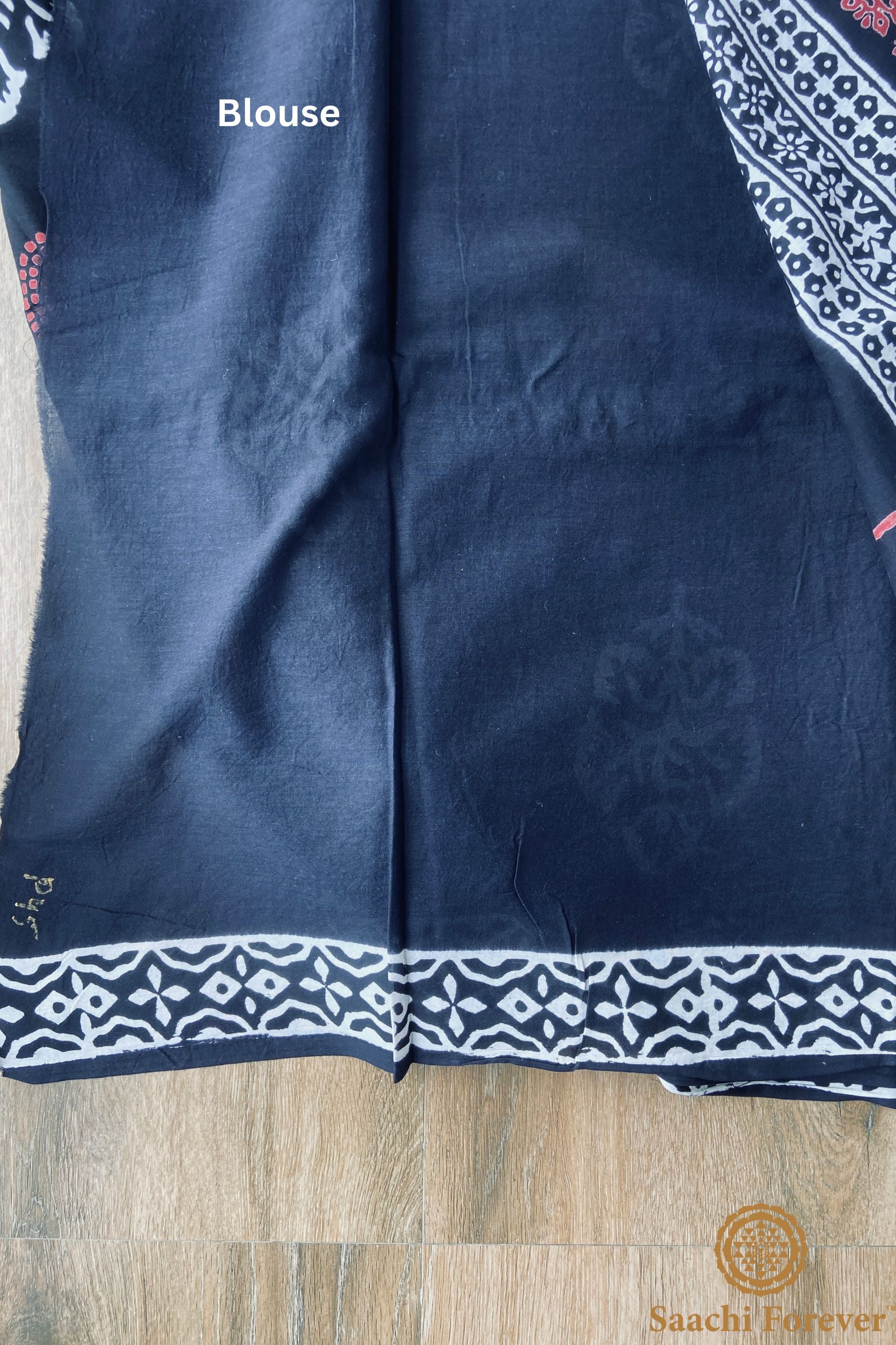 Black Dabu Block Printed Mulmul Cotton Saree