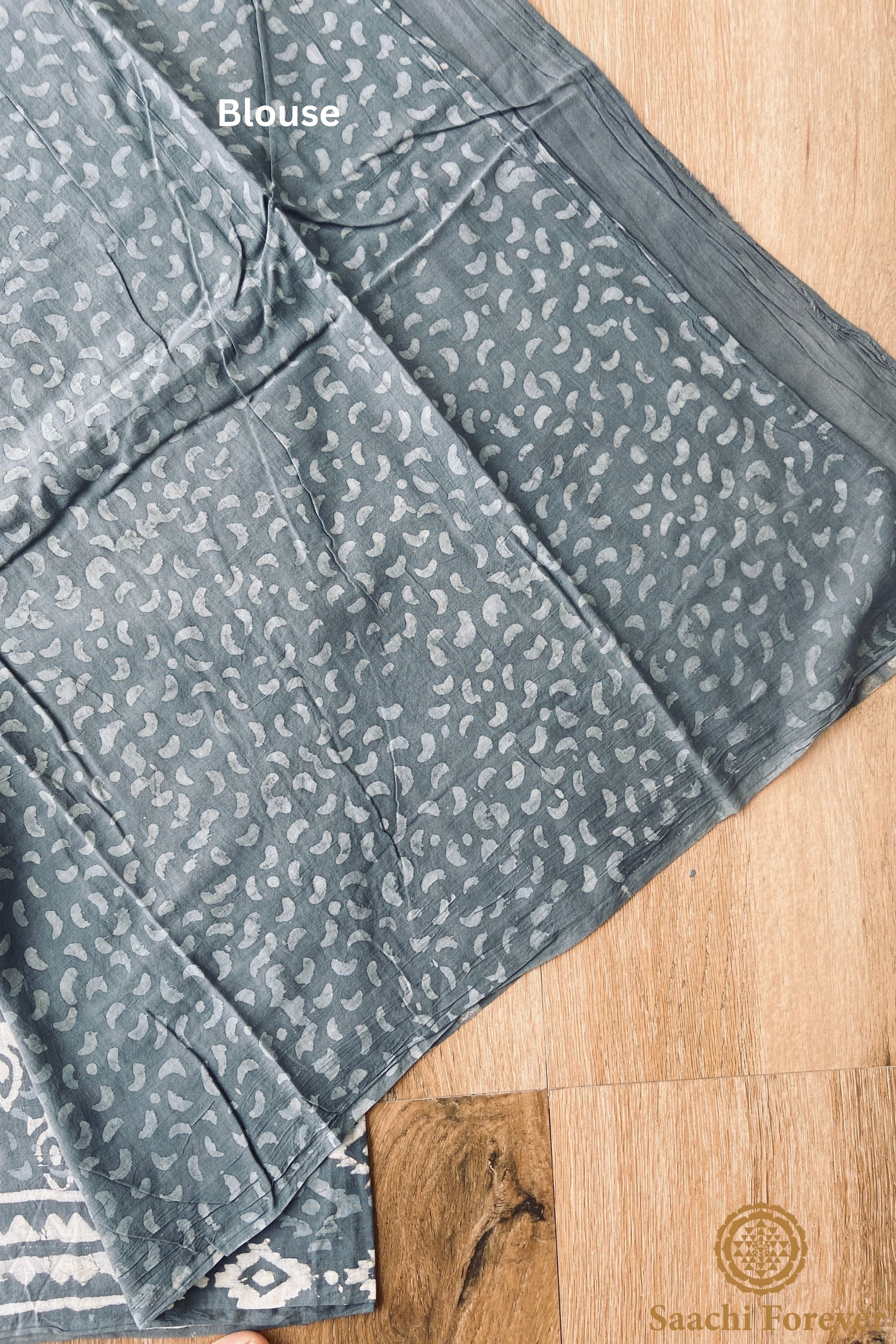 Grey Dabu Block Printed Mulmul Cotton Saree