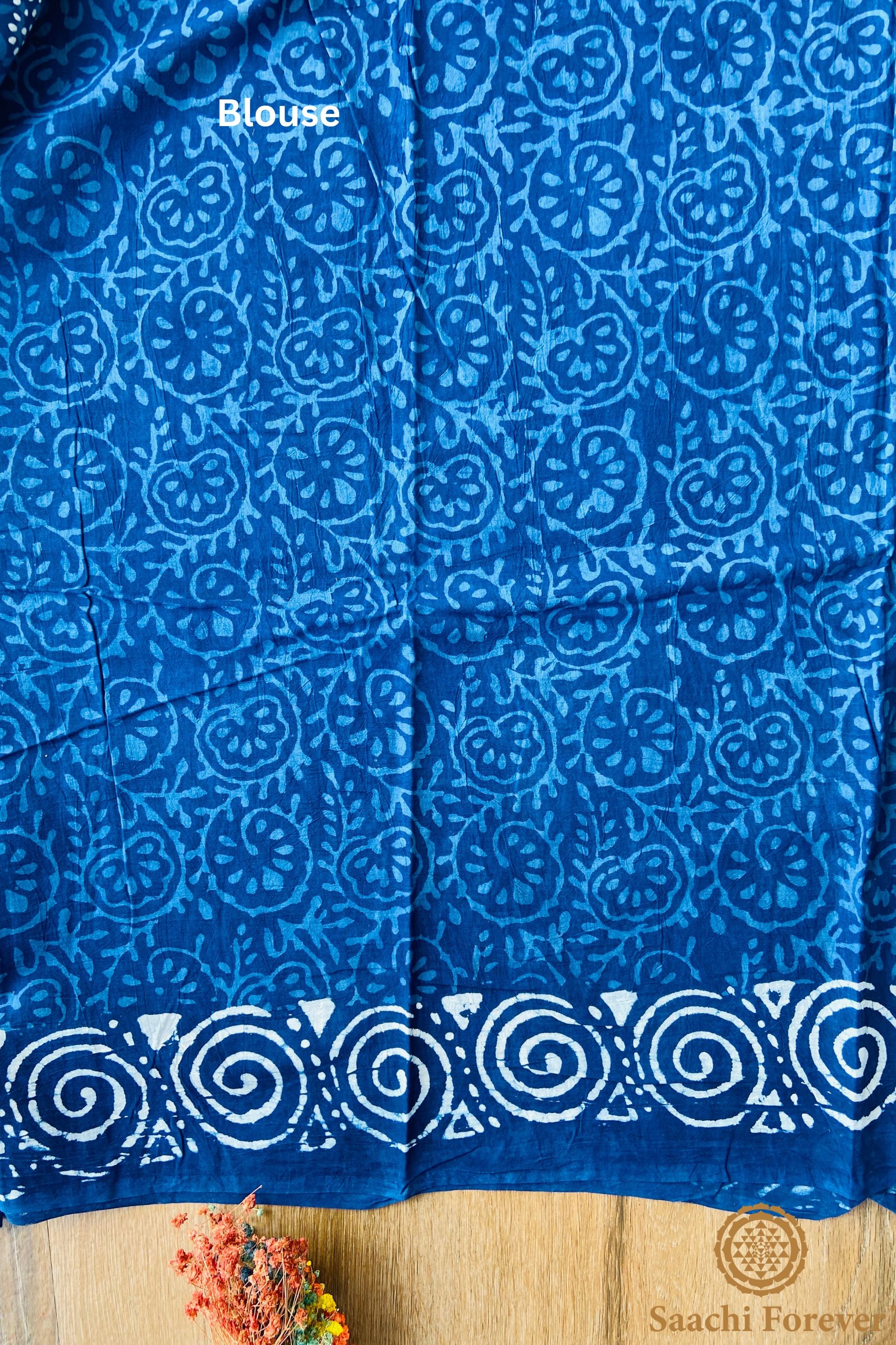 Indigo Block Printed Mulmul Cotton Saree