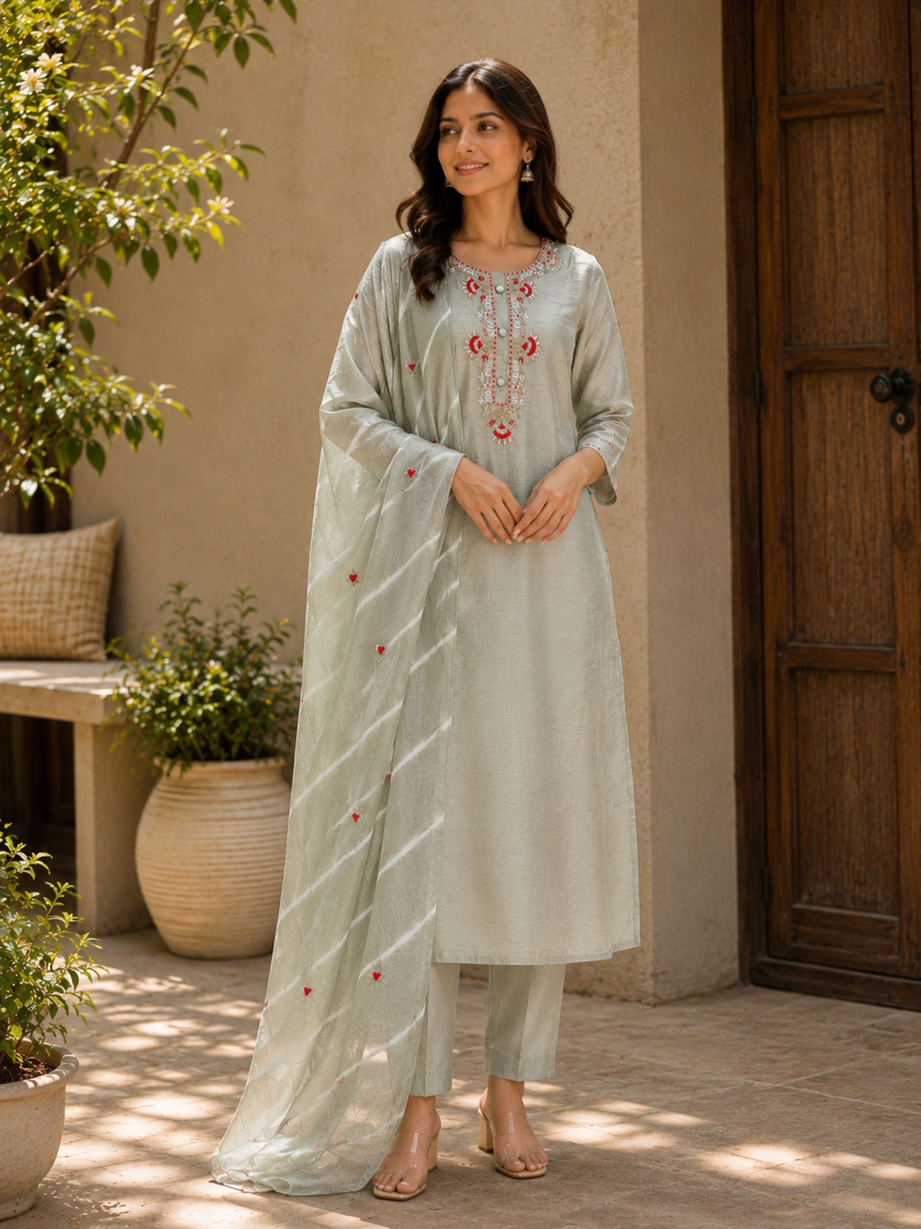 Sage Dola Silk Set- 3 Piece