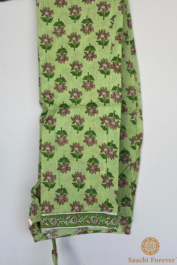 Green Cotton Katha Embroidered Suit Set - 3 Piece