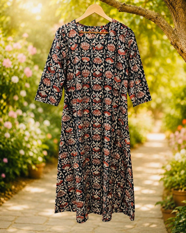Black Jahota Cotton Block Printed A-Line Kurta