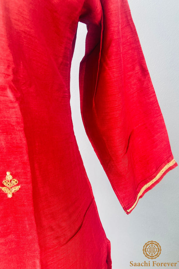 Dusky Red Dola Silk Hand Zardosi suit set - 3 Piece