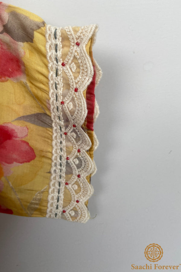 Lemon Yellow Muslin Silk Thread Lace Suit Set - 3 Piece