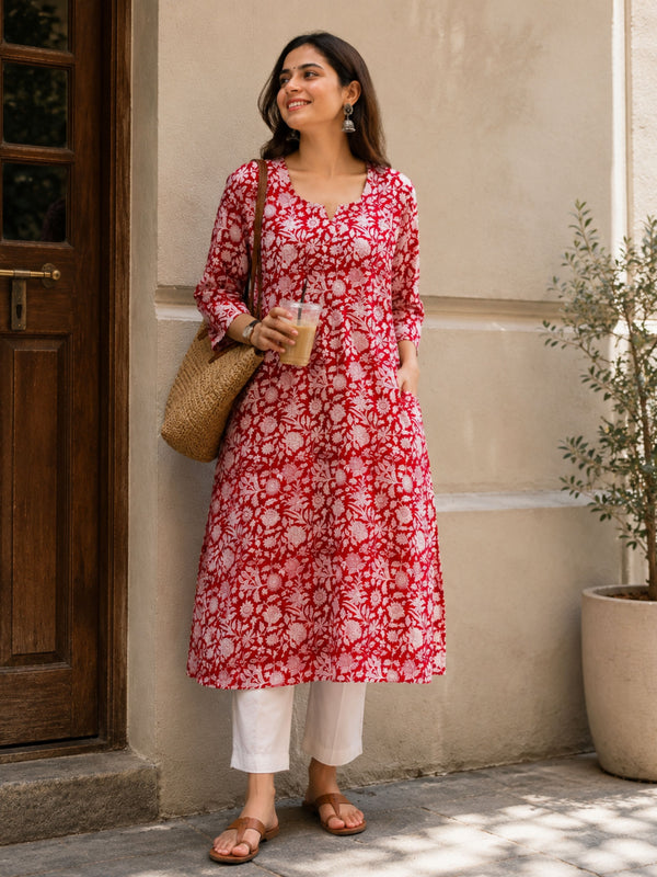 Red Sanganeri Straight Cut Kurta