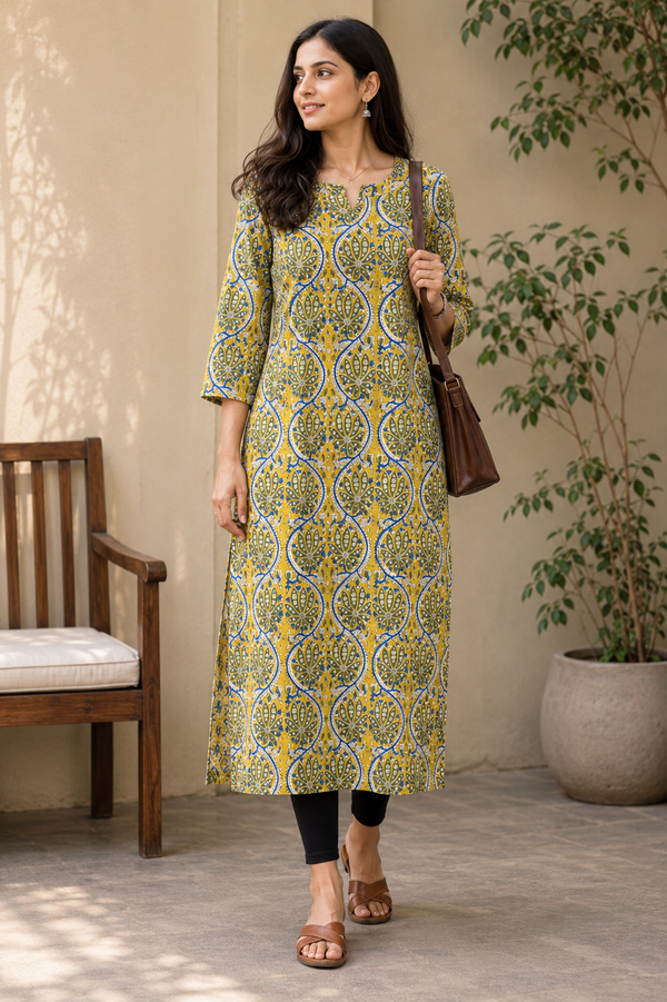 Yellow Ajrakh Straight Cut Kurta