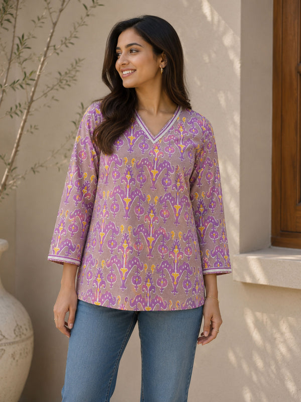 Pink Ikat Cotton Short Kurta