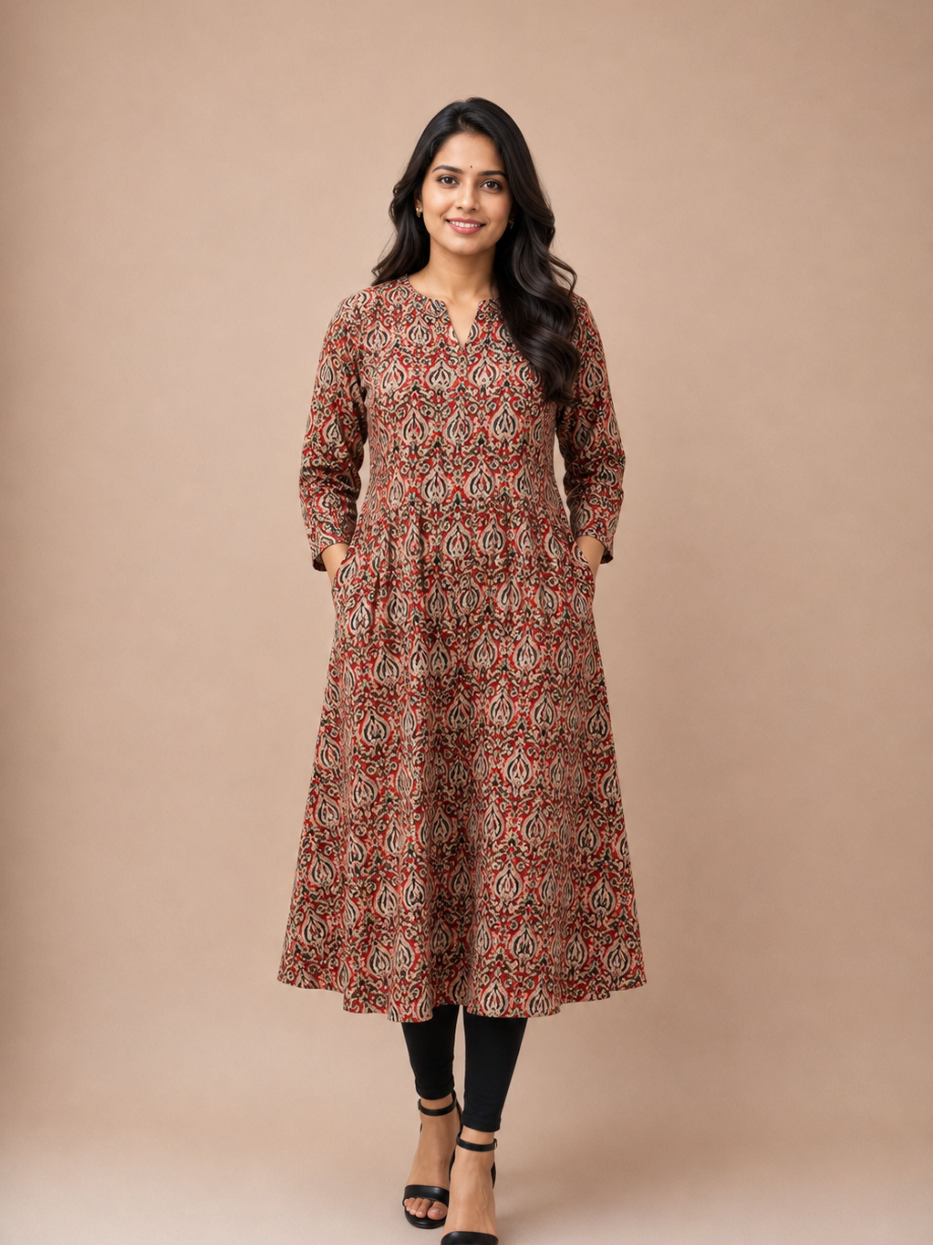 Red Kalamkari Block Printed A-Line Kurta