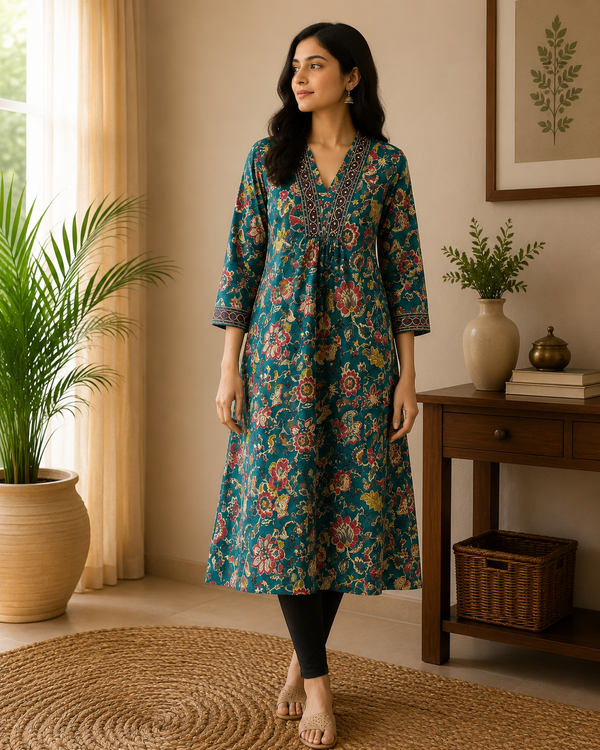 Green Floral A-Line Cotton Kurta