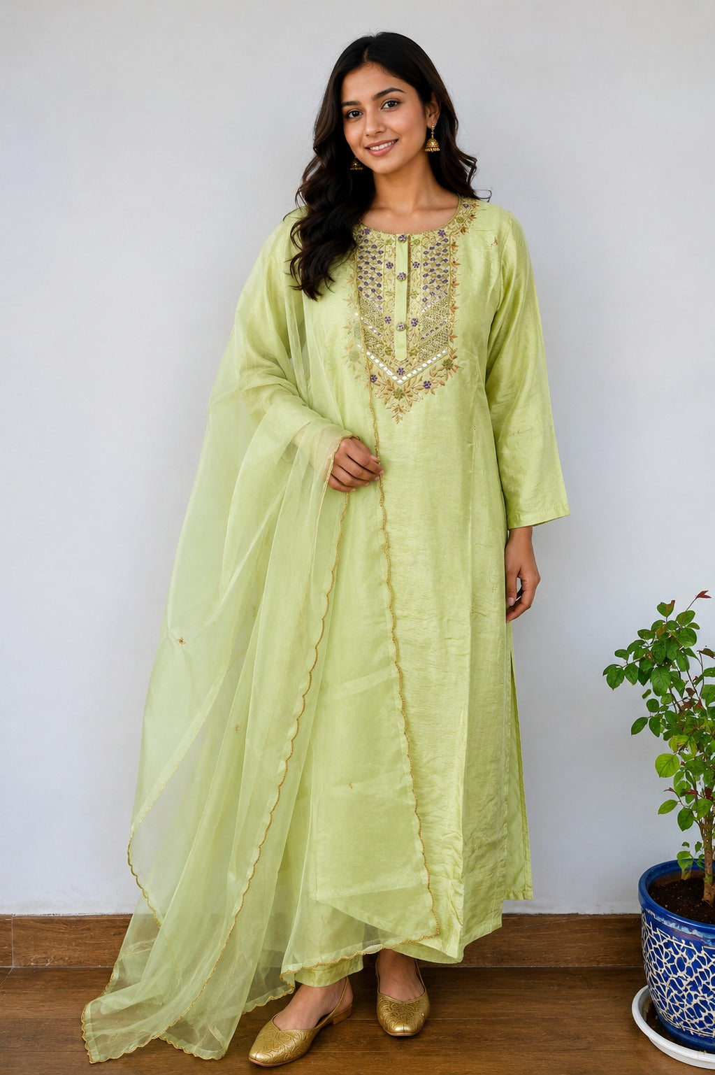 Lime Green Dola Silk Hand Zardosi Suit Set - 3 Piece