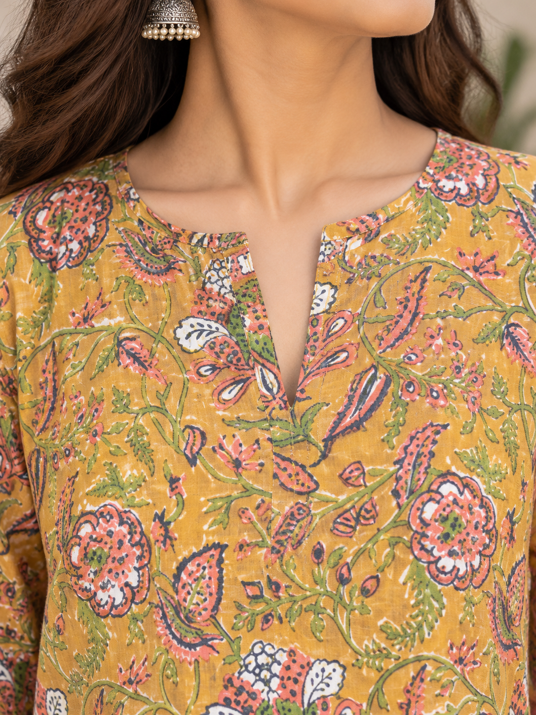 Beige Phool Jaal Sanganeri HandBlock Printed A-Line Kurta
