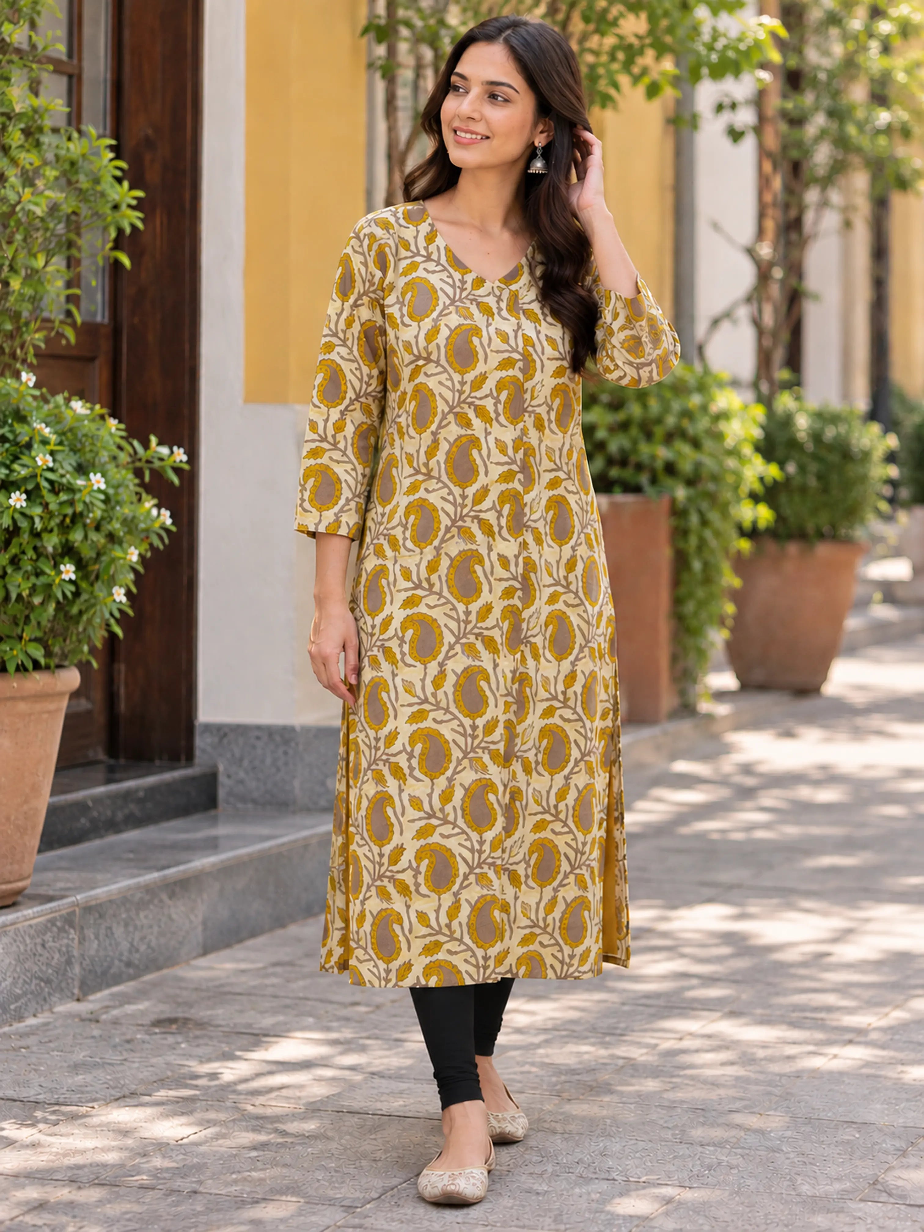 Mustard Paisley Jaal Jahota Handblock Printed Straight Cut Cotton Kurta