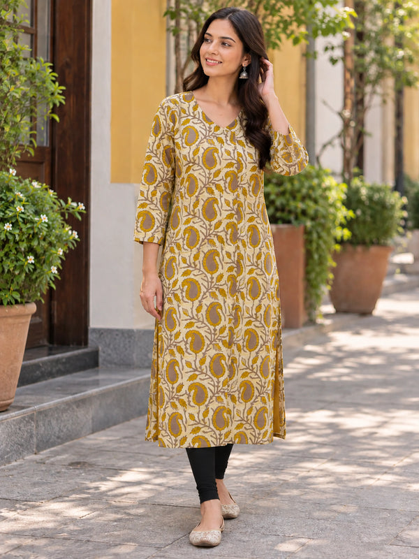 Mustard Paisley Jaal Jahota Handblock Printed Straight Cut Cotton Kurta