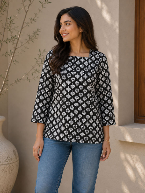 Black Cotton Short Kurta