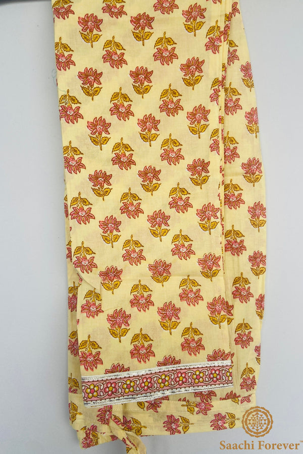 Lemon Yellow Cotton Katha Embroidered Suit Set - 3 Piece