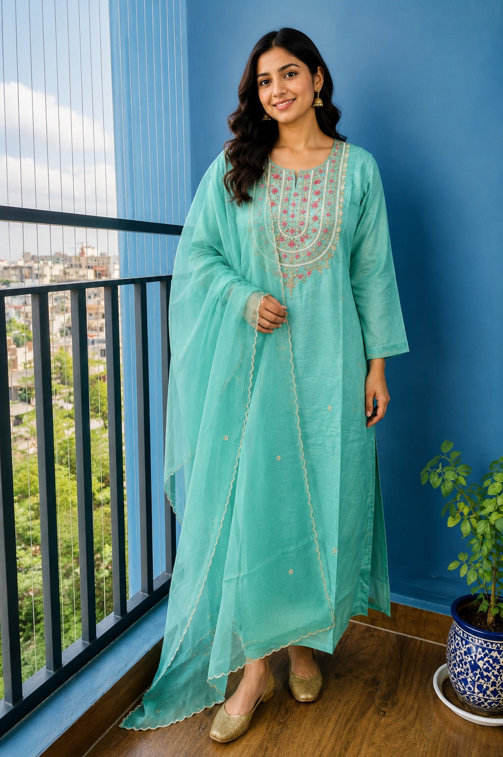Bluish green Dola Silk Pearl & Hand Zardosi Suit - 3 Piece