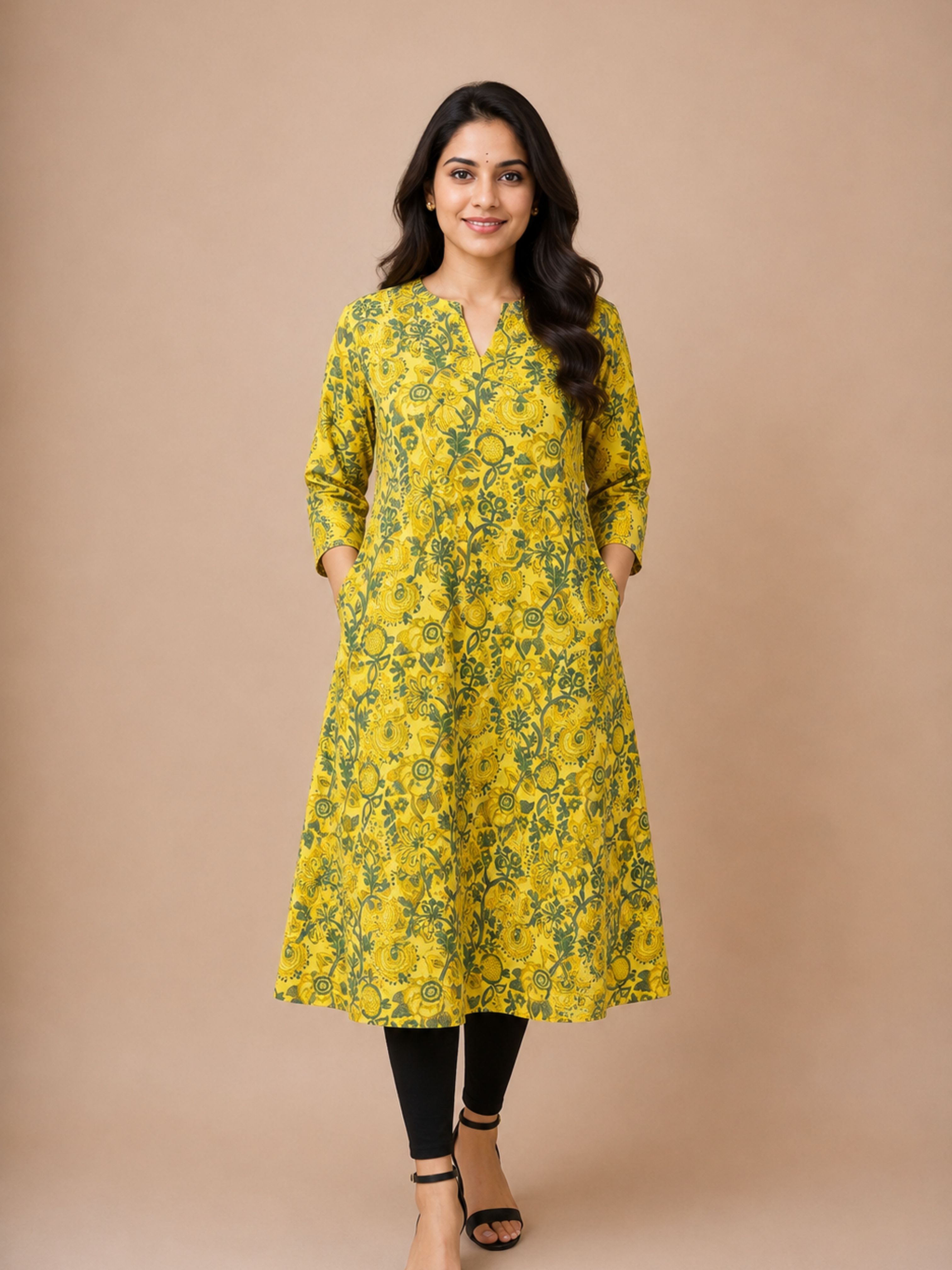 Bright Yellow Bagru Block Printed A-Line Kurta