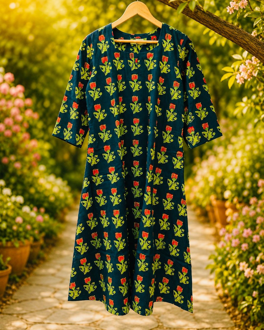 Bottle Green Jahota Cotton Block Printed A-Line Kurta