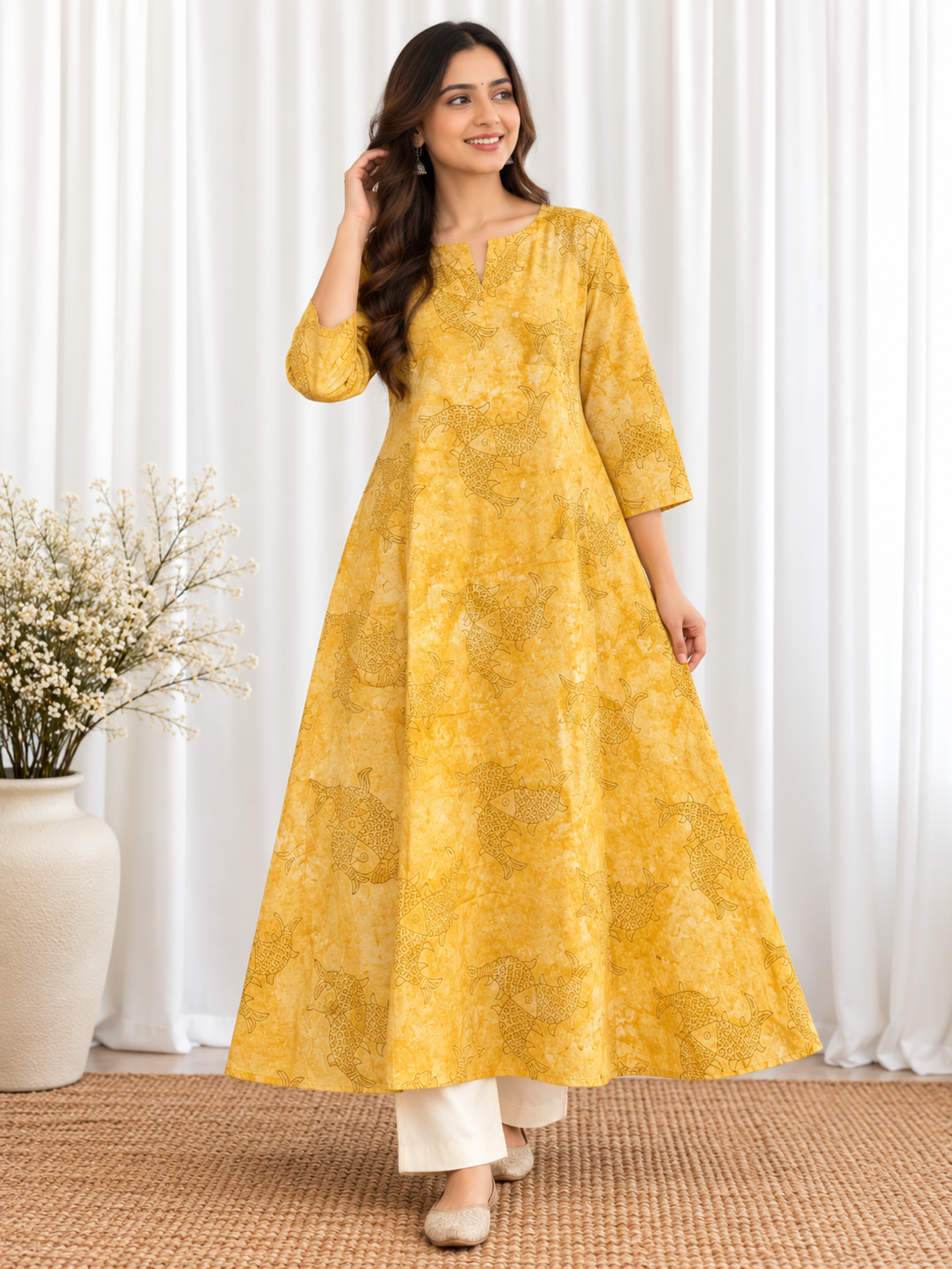 Matsya Mustard Fish HandBlock Printed A-Line Cotton Kurta