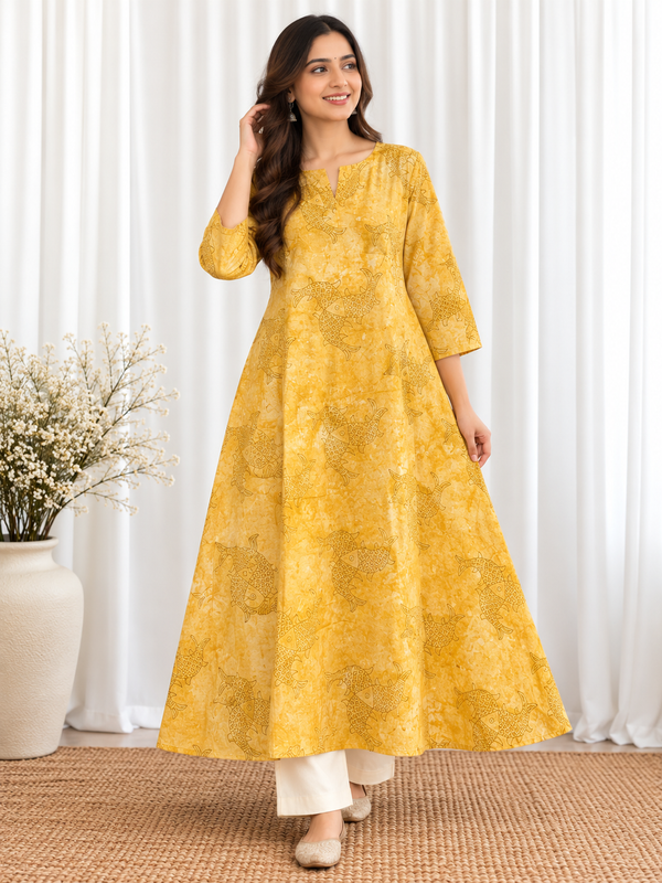 Matsya Mustard Fish HandBlock Printed A-Line Cotton Kurta
